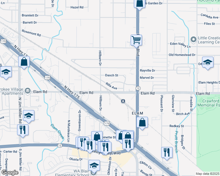 map of restaurants, bars, coffee shops, grocery stores, and more near 7823 Elam Road in Dallas