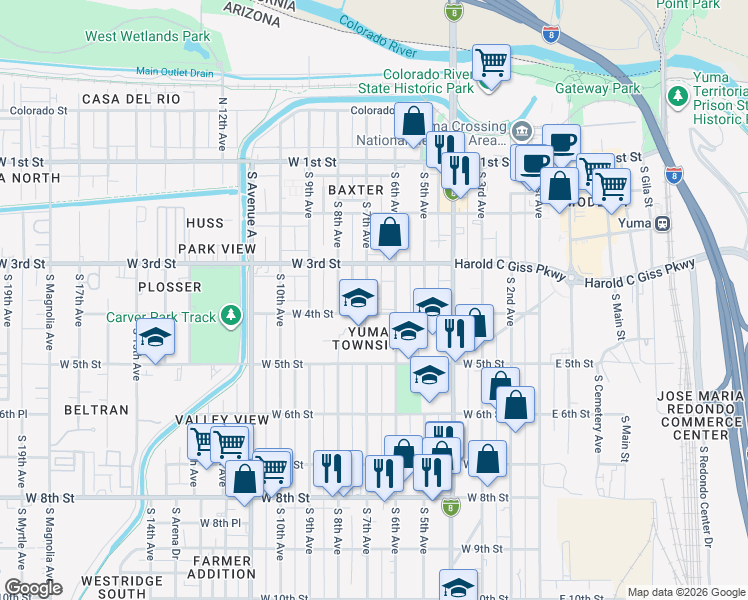 map of restaurants, bars, coffee shops, grocery stores, and more near 701-749 West 4th Street in Yuma