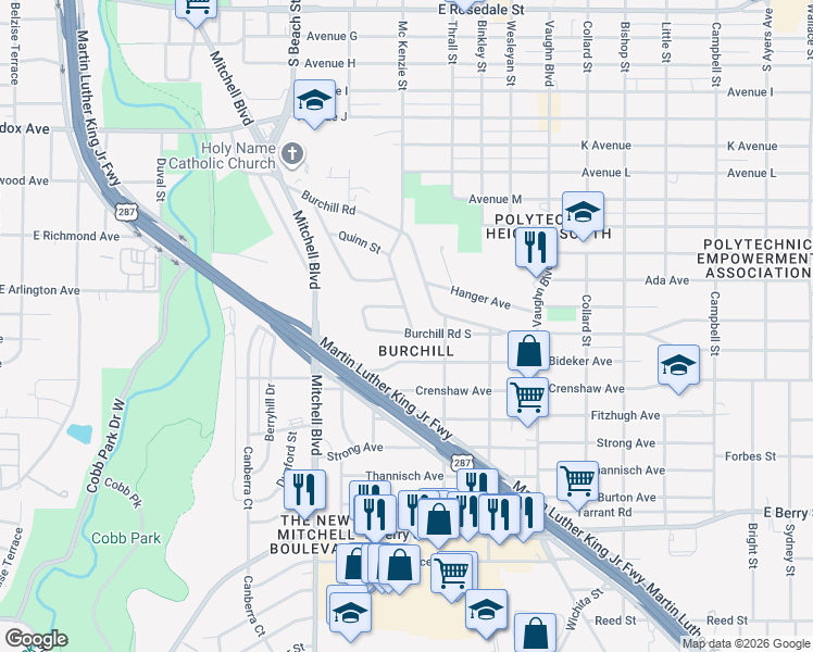 map of restaurants, bars, coffee shops, grocery stores, and more near 2731 Bideker Avenue in Fort Worth