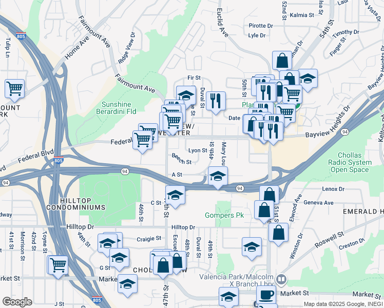 map of restaurants, bars, coffee shops, grocery stores, and more near 4817 Lyon Street in San Diego