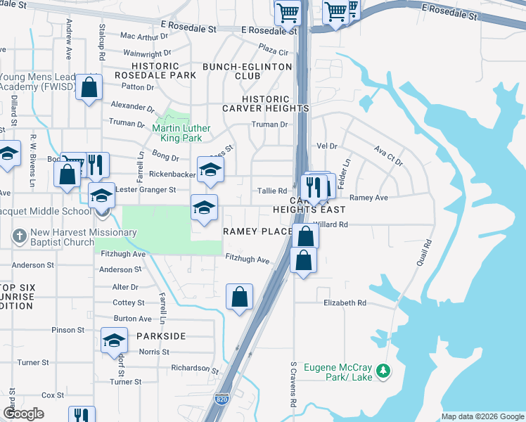 map of restaurants, bars, coffee shops, grocery stores, and more near 6033 McKaskle Drive in Fort Worth