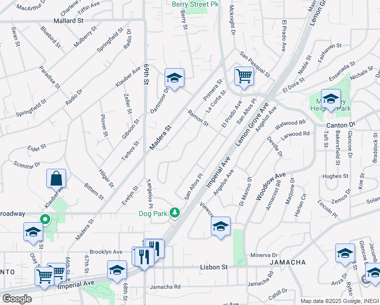 map of restaurants, bars, coffee shops, grocery stores, and more near 1559 La Corta Street in Lemon Grove