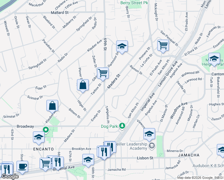 map of restaurants, bars, coffee shops, grocery stores, and more near 1511 Primera Street in Lemon Grove