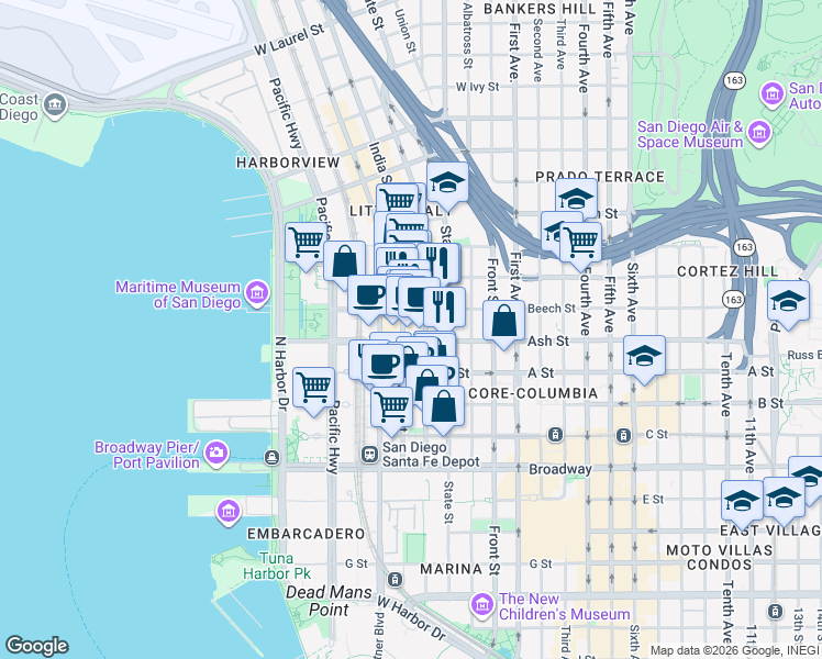 map of restaurants, bars, coffee shops, grocery stores, and more near 1435 India Street in San Diego