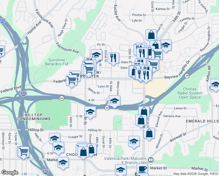 map of restaurants, bars, coffee shops, grocery stores, and more near 1422 49th Street in San Diego