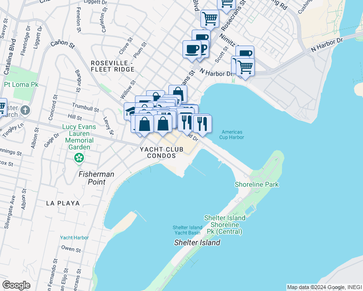 map of restaurants, bars, coffee shops, grocery stores, and more near in San Diego