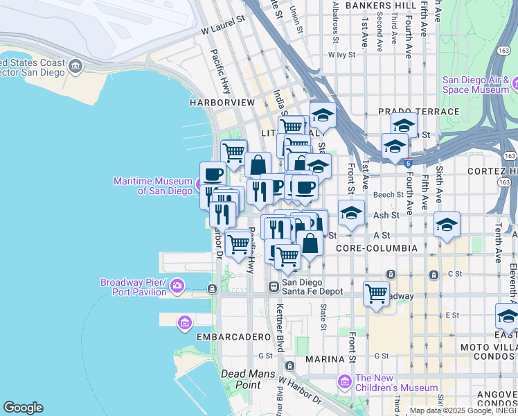 map of restaurants, bars, coffee shops, grocery stores, and more near 1345 Pacific Highway in San Diego