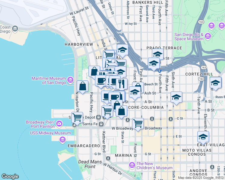 map of restaurants, bars, coffee shops, grocery stores, and more near in San Diego