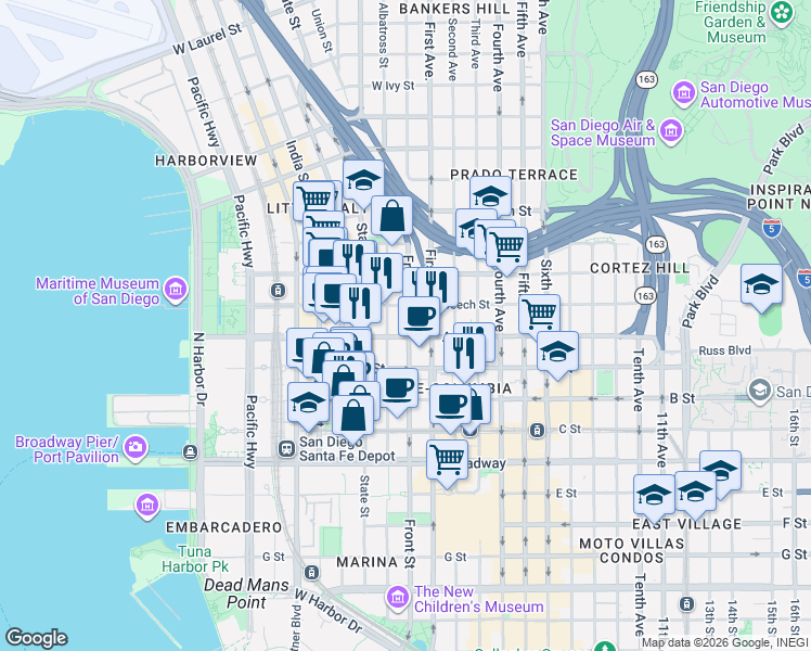 map of restaurants, bars, coffee shops, grocery stores, and more near 1401 Union Street in San Diego