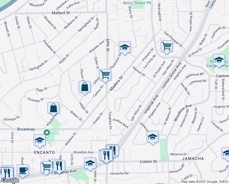 map of restaurants, bars, coffee shops, grocery stores, and more near 1511 Primera Street in Lemon Grove