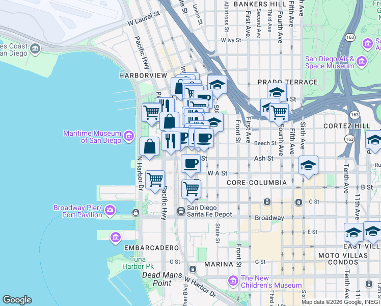 map of restaurants, bars, coffee shops, grocery stores, and more near 1455 Kettner Boulevard in San Diego