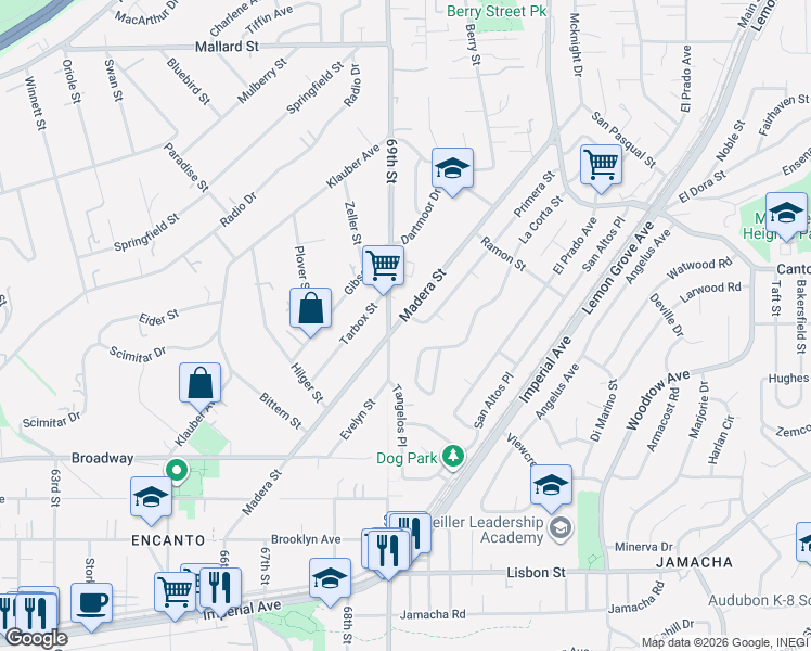 map of restaurants, bars, coffee shops, grocery stores, and more near 1427 Madera Street in Lemon Grove