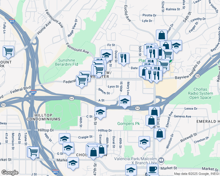 map of restaurants, bars, coffee shops, grocery stores, and more near 4817 Lyon Street in San Diego
