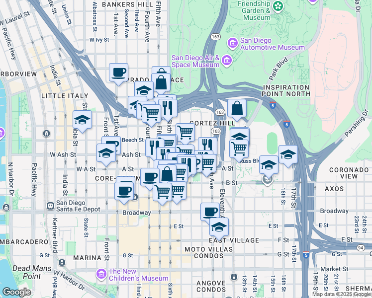 map of restaurants, bars, coffee shops, grocery stores, and more near in San Diego