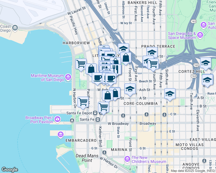 map of restaurants, bars, coffee shops, grocery stores, and more near 1501 India Street in San Diego