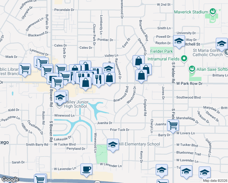 map of restaurants, bars, coffee shops, grocery stores, and more near 1502 Ravenwood Drive in Arlington