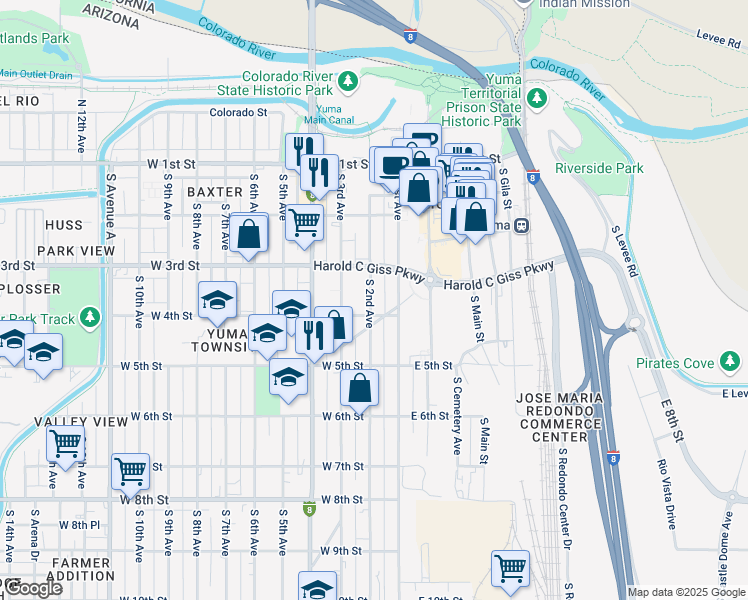 map of restaurants, bars, coffee shops, grocery stores, and more near 353 South 3rd Avenue in Yuma