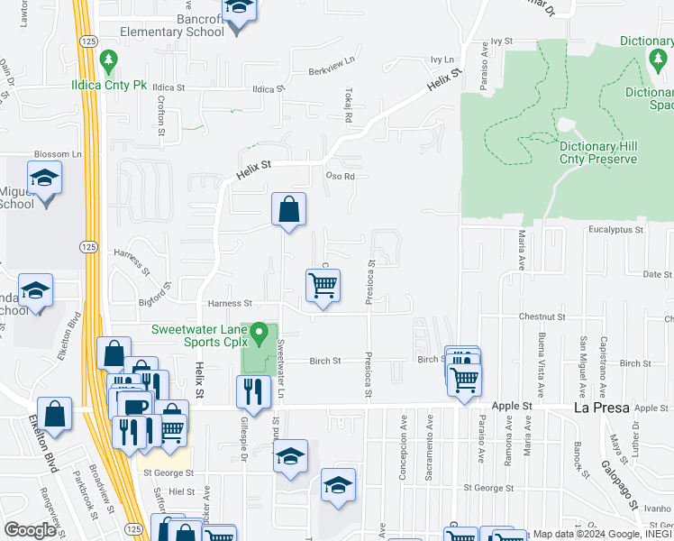 map of restaurants, bars, coffee shops, grocery stores, and more near 1725 Presioca Street in Spring Valley