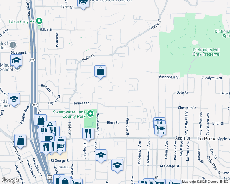 map of restaurants, bars, coffee shops, grocery stores, and more near 1725 Presioca Street in Spring Valley