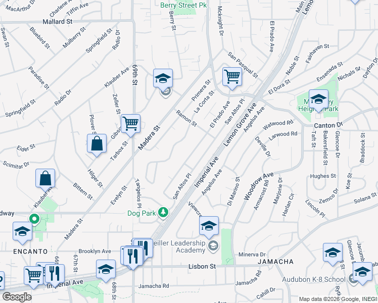 map of restaurants, bars, coffee shops, grocery stores, and more near 1627 La Corta Street in Lemon Grove