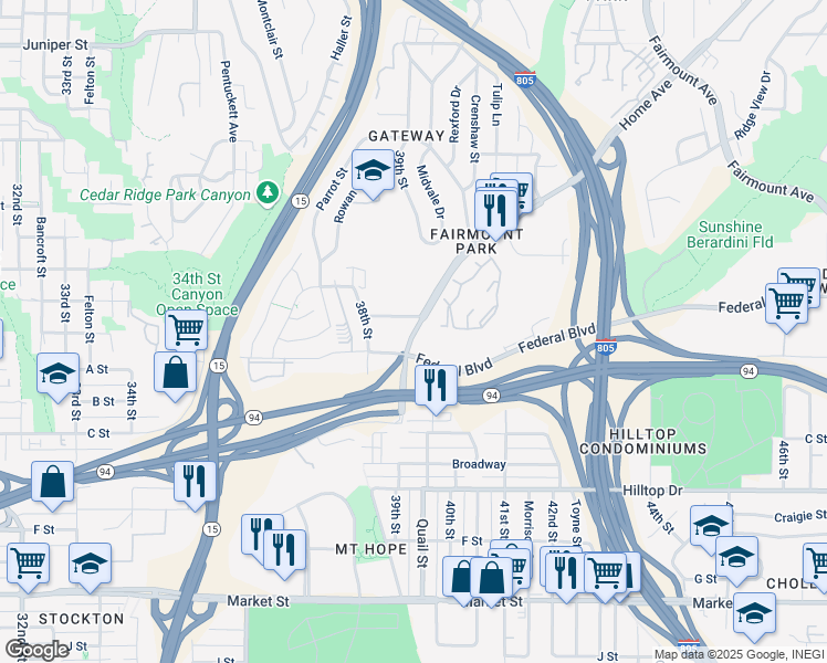map of restaurants, bars, coffee shops, grocery stores, and more near 3960 Home Avenue in San Diego