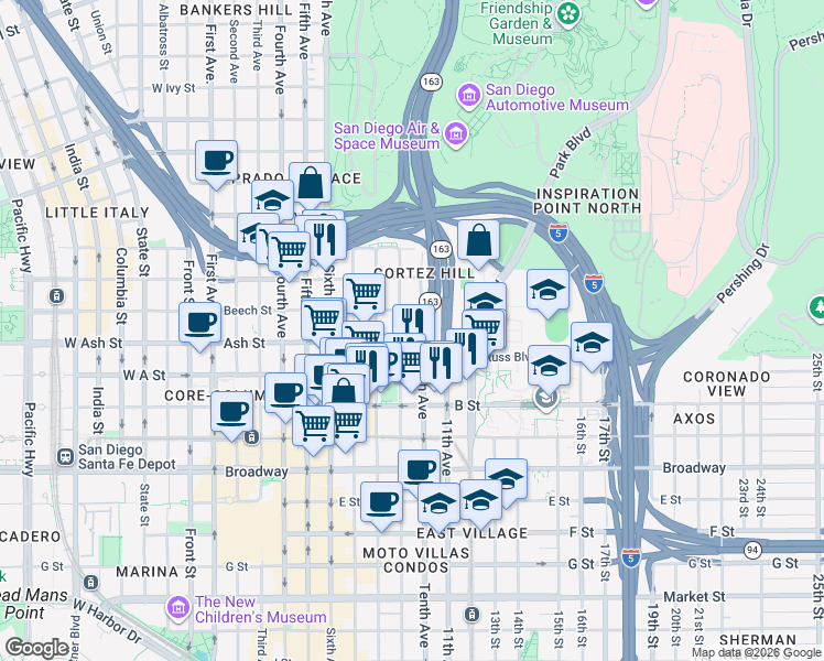 map of restaurants, bars, coffee shops, grocery stores, and more near 942 Beech Street in San Diego