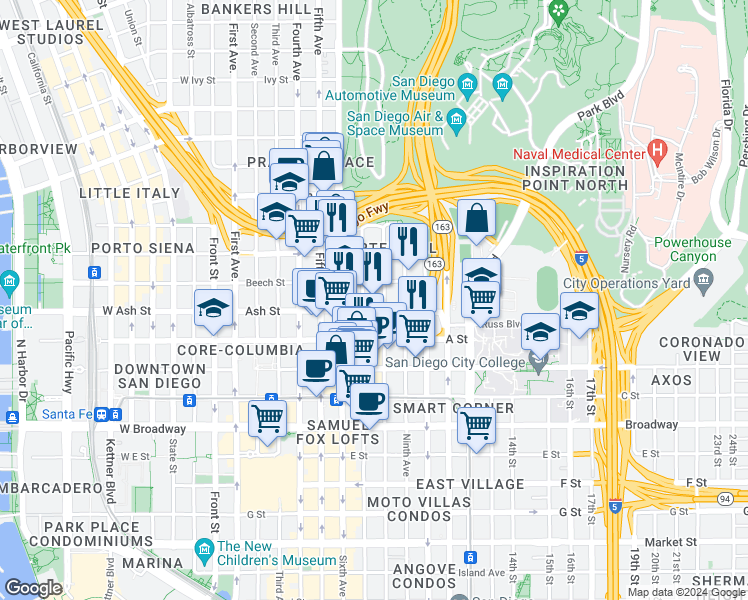 map of restaurants, bars, coffee shops, grocery stores, and more near in San Diego