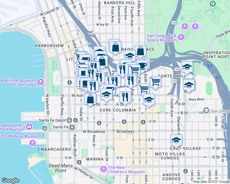 map of restaurants, bars, coffee shops, grocery stores, and more near 124 Beech Street in San Diego
