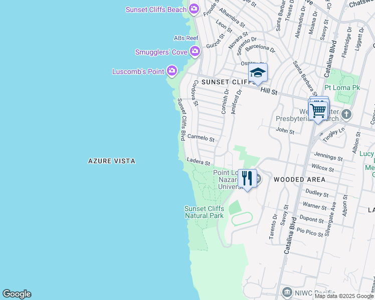 map of restaurants, bars, coffee shops, grocery stores, and more near 763 Sunset Cliffs Boulevard in San Diego