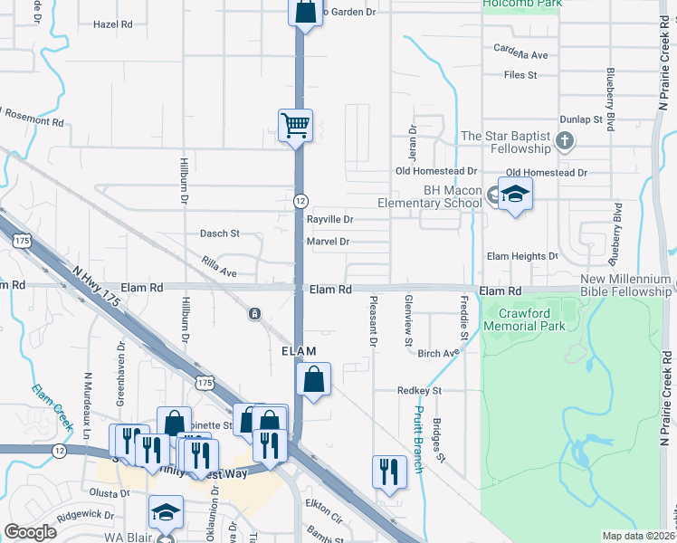 map of restaurants, bars, coffee shops, grocery stores, and more near 8131 Wes Hodges Road in Dallas