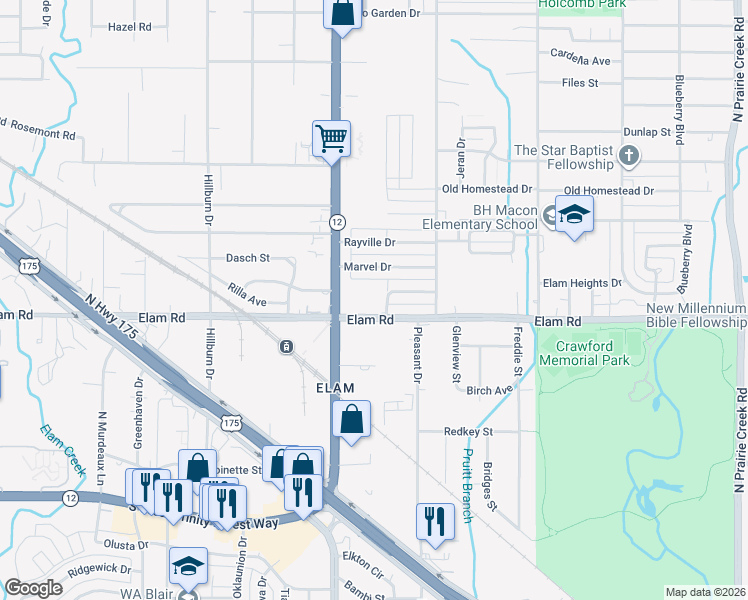 map of restaurants, bars, coffee shops, grocery stores, and more near 8131 Wes Hodges Road in Dallas