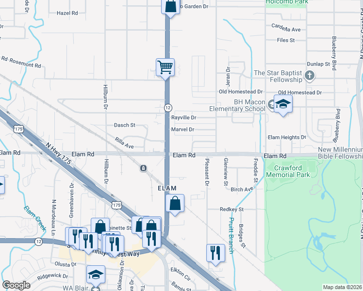 map of restaurants, bars, coffee shops, grocery stores, and more near 8131 Wes Hodges Road in Dallas