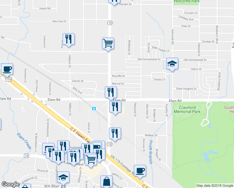 map of restaurants, bars, coffee shops, grocery stores, and more near 538 South Buckner Boulevard in Dallas