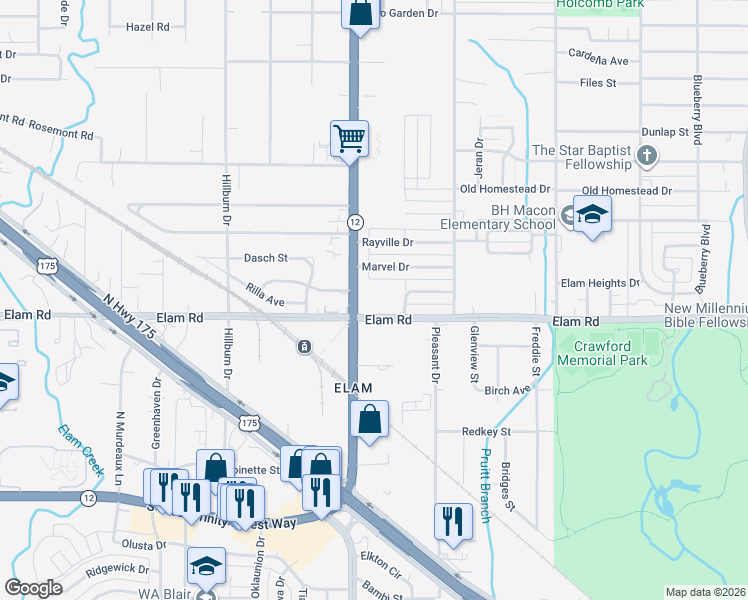 map of restaurants, bars, coffee shops, grocery stores, and more near 538 South Buckner Boulevard in Dallas
