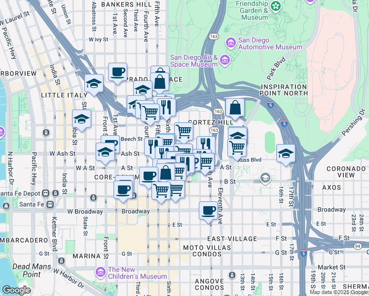 map of restaurants, bars, coffee shops, grocery stores, and more near 702 Ash Street in San Diego