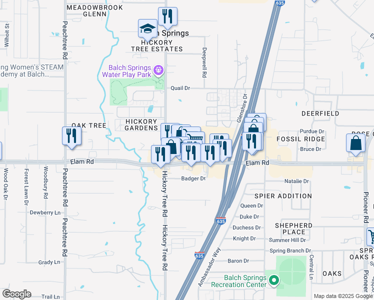 map of restaurants, bars, coffee shops, grocery stores, and more near 11925 Elam Road in Balch Springs