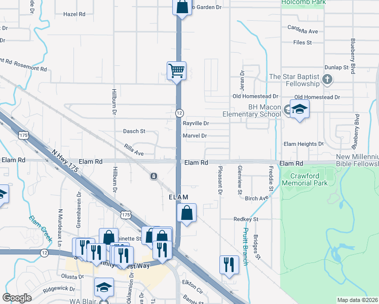 map of restaurants, bars, coffee shops, grocery stores, and more near 538 South Buckner Boulevard in Dallas