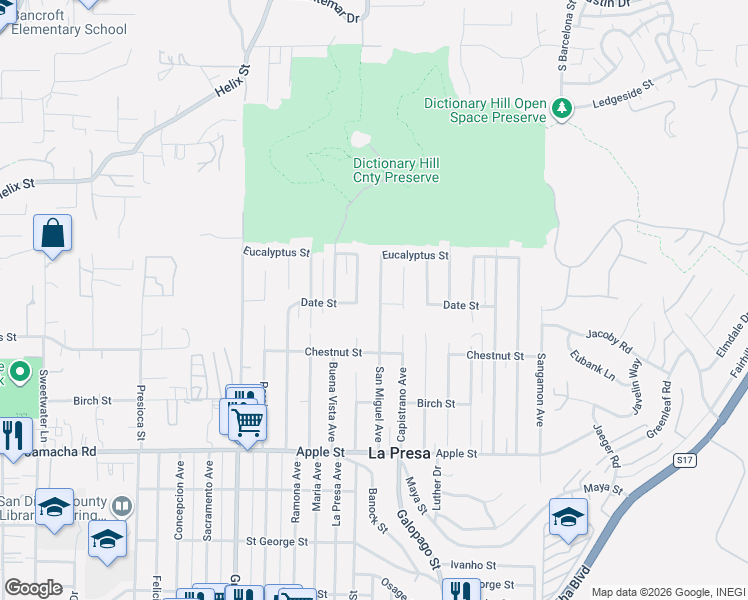 map of restaurants, bars, coffee shops, grocery stores, and more near 1631 San Miguel Avenue in Spring Valley