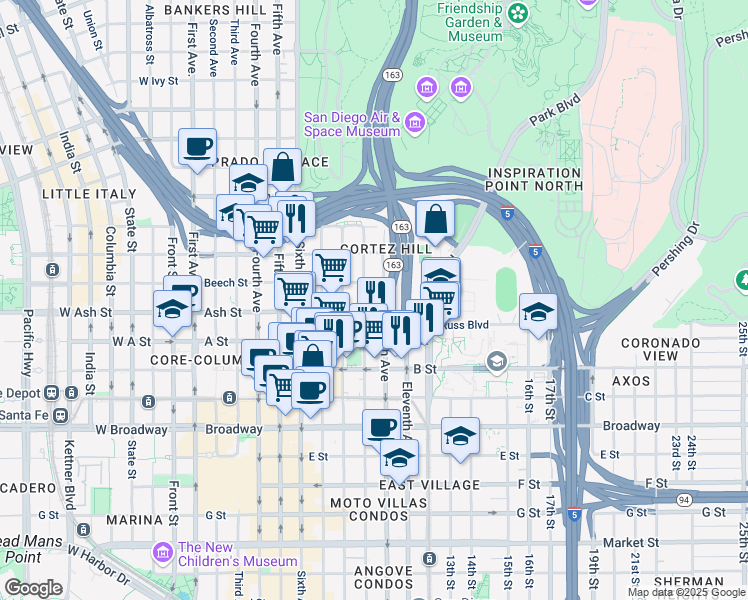 map of restaurants, bars, coffee shops, grocery stores, and more near in San Diego