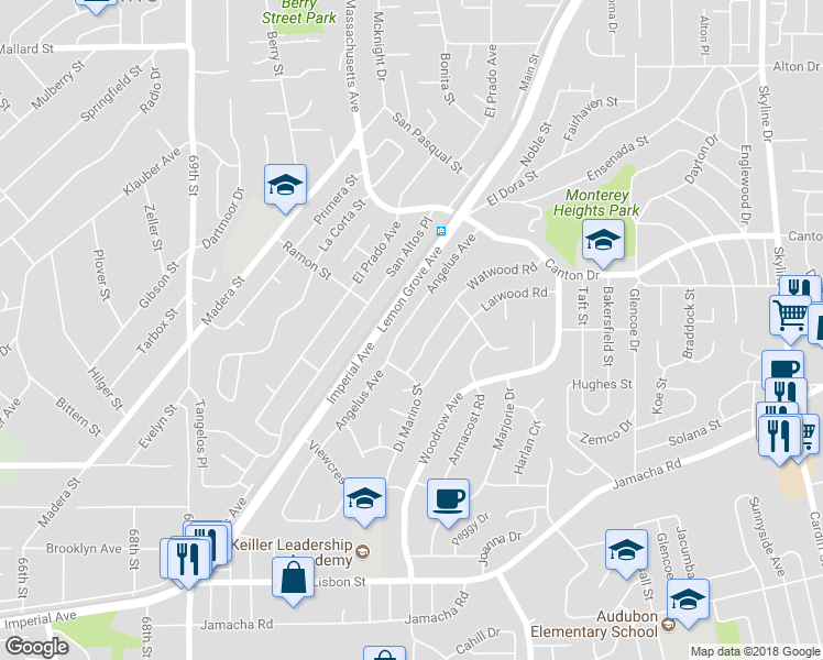 map of restaurants, bars, coffee shops, grocery stores, and more near 1507 Angelus Avenue in Lemon Grove
