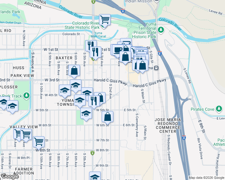 map of restaurants, bars, coffee shops, grocery stores, and more near 369 South 2nd Avenue in Yuma