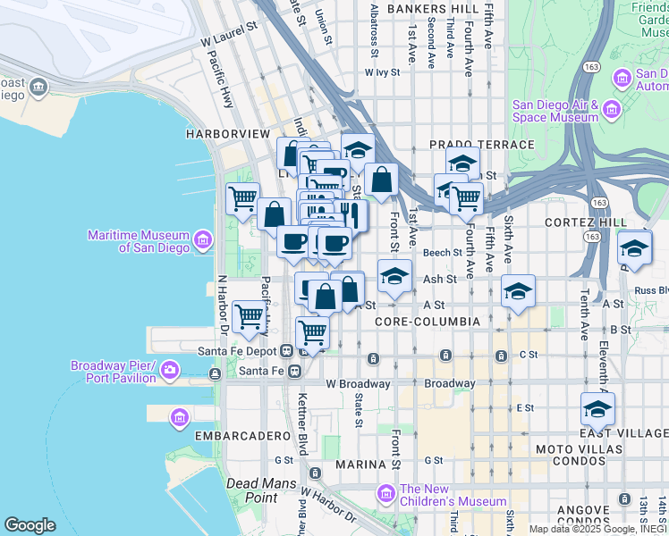 map of restaurants, bars, coffee shops, grocery stores, and more near 1440 Columbia Street in San Diego