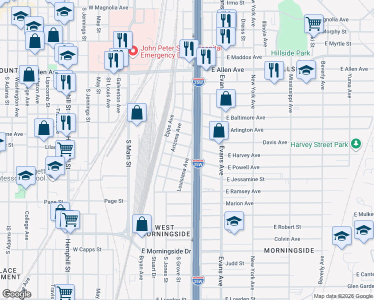 map of restaurants, bars, coffee shops, grocery stores, and more near 719 East Harvey Avenue in Fort Worth