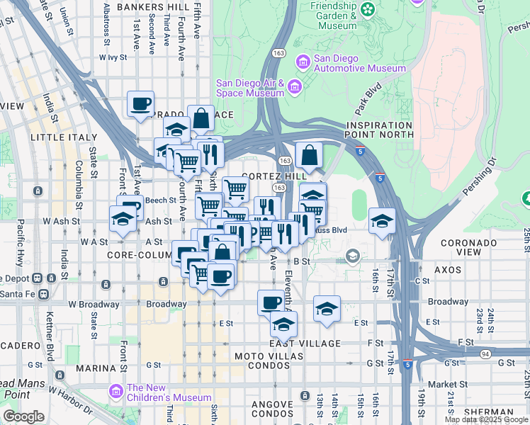 map of restaurants, bars, coffee shops, grocery stores, and more near 1441 Ninth Avenue in San Diego