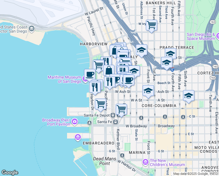 map of restaurants, bars, coffee shops, grocery stores, and more near 1531 Pacific Highway in San Diego