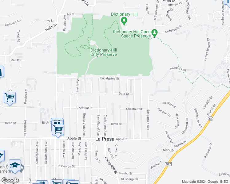 map of restaurants, bars, coffee shops, grocery stores, and more near 1607 Portola Avenue in Spring Valley