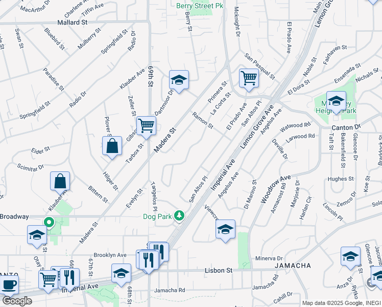 map of restaurants, bars, coffee shops, grocery stores, and more near 1559 La Corta Street in Lemon Grove