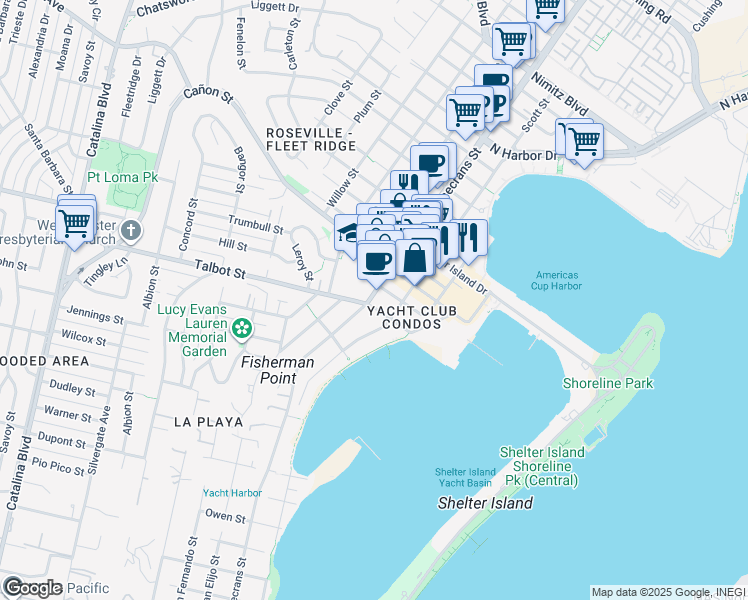 map of restaurants, bars, coffee shops, grocery stores, and more near 1050 Rosecrans Street in San Diego