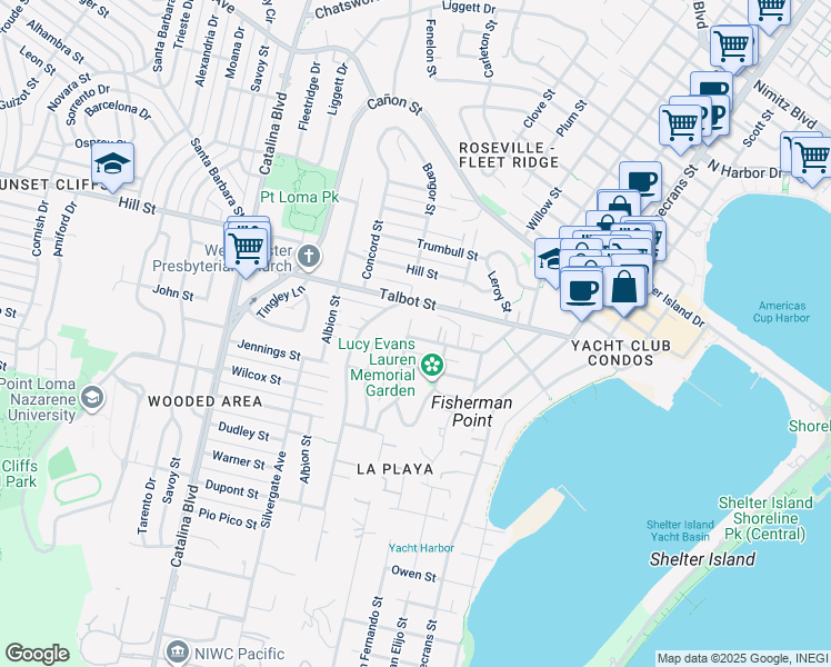 map of restaurants, bars, coffee shops, grocery stores, and more near 3360 Martinez Street in San Diego