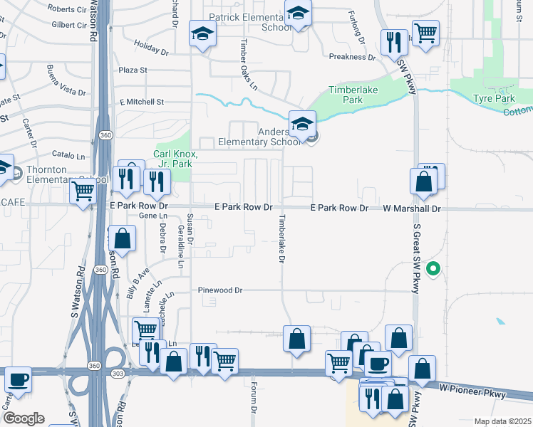 map of restaurants, bars, coffee shops, grocery stores, and more near 3120 East Park Row Drive in Arlington